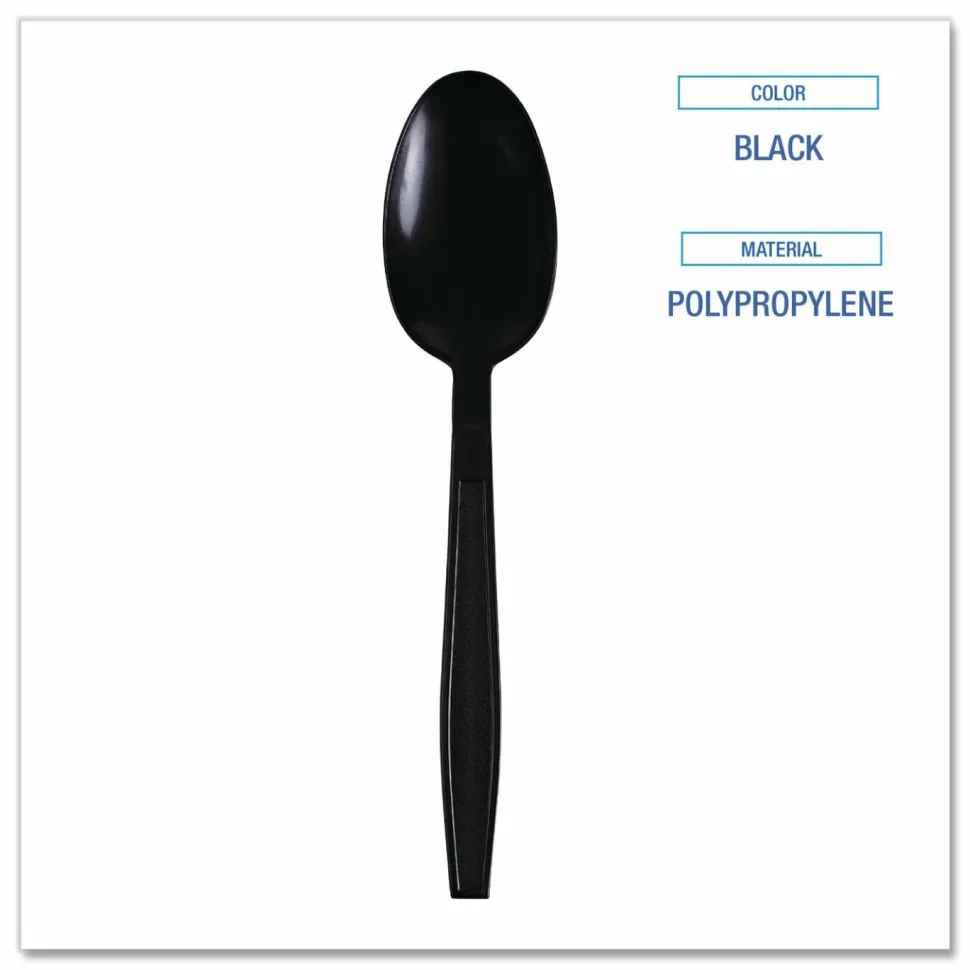Boardwalk Heavyweight Wrapped Polypropylene Cutlery, Spoon, Plastic, Black, 1,000/Carton