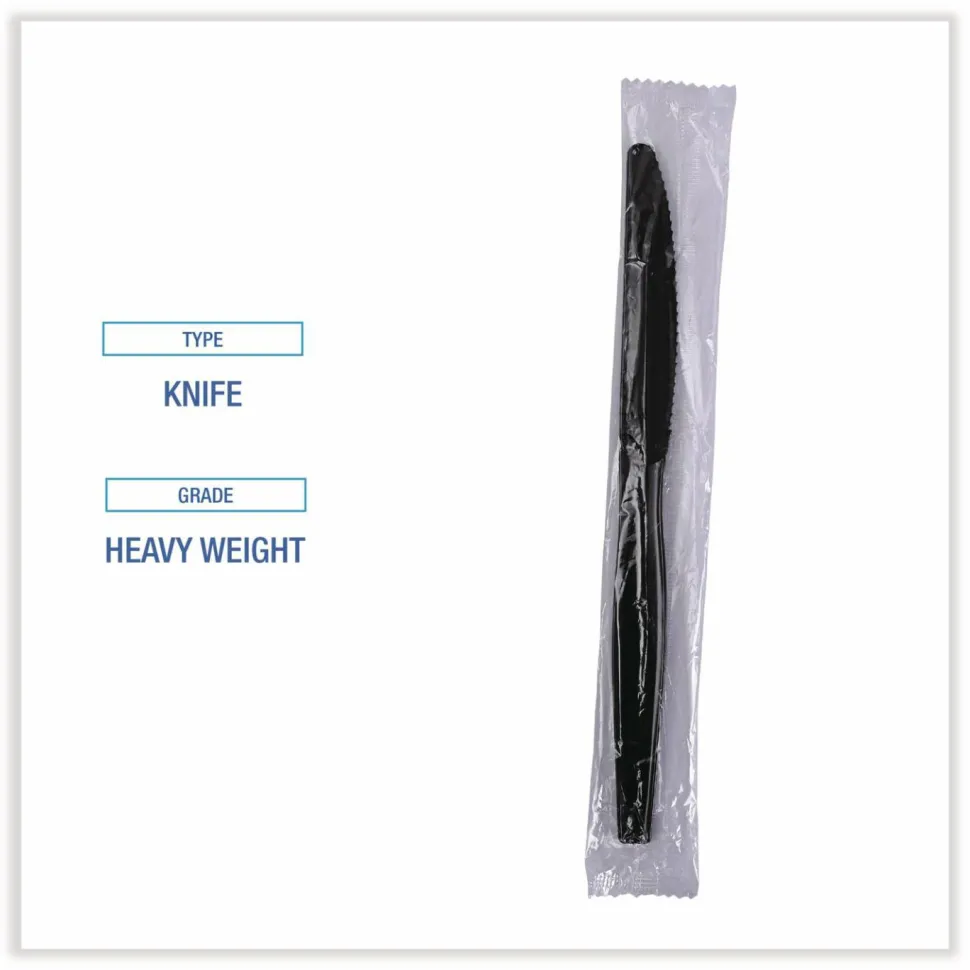 Boardwalk Heavyweight Wrapped Polypropylene Cutlery, Knife, Plastic, Black, 1,000/Carton