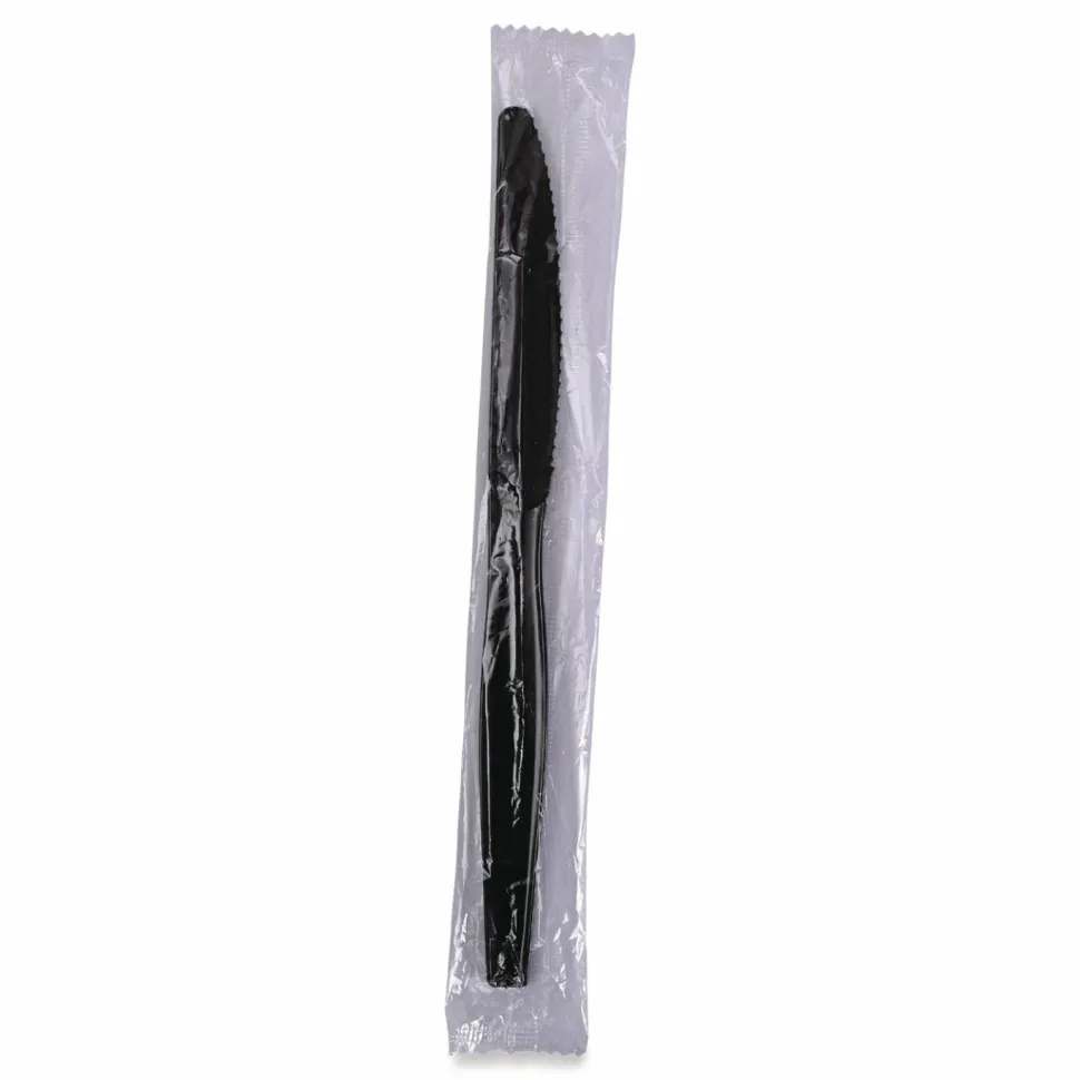 Boardwalk Heavyweight Wrapped Polypropylene Cutlery, Knife, Plastic, Black, 1,000/Carton