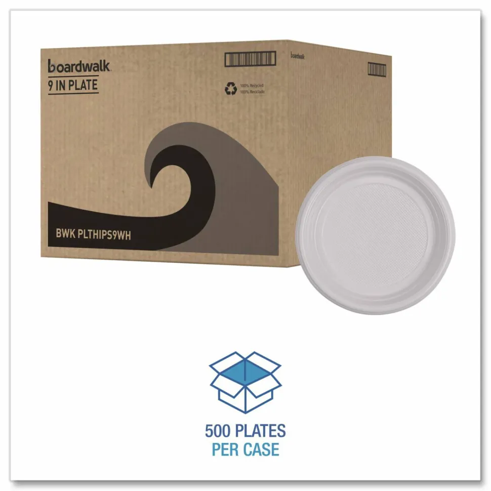 Boardwalk Hi-Impact Plastic Dinnerware, Plate, 9" dia, White, 500/Carton