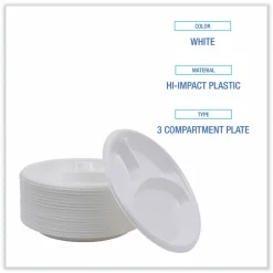 Boardwalk Hi-Impact Plastic Dinnerware, 3-Compartment Plate, 10" dia, White, 500/Carton