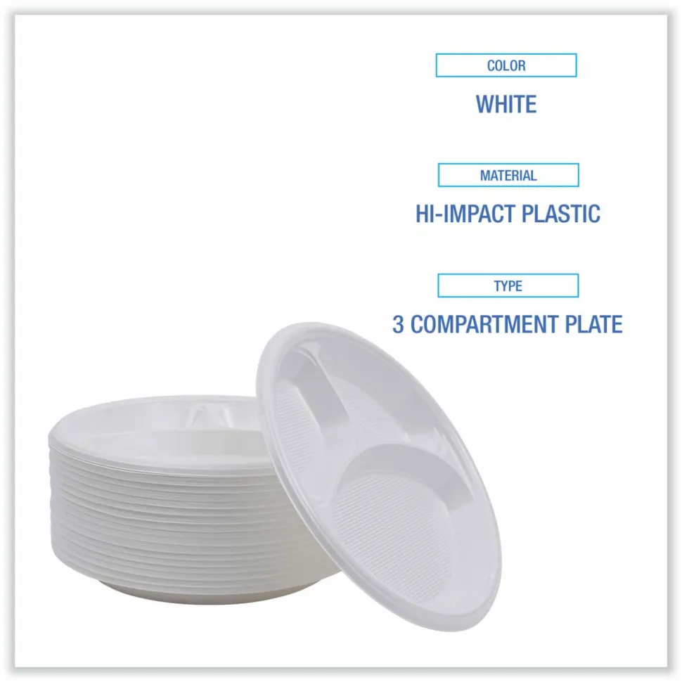 Boardwalk Hi-Impact Plastic Dinnerware, 3-Compartment Plate, 10" dia, White, 500/Carton