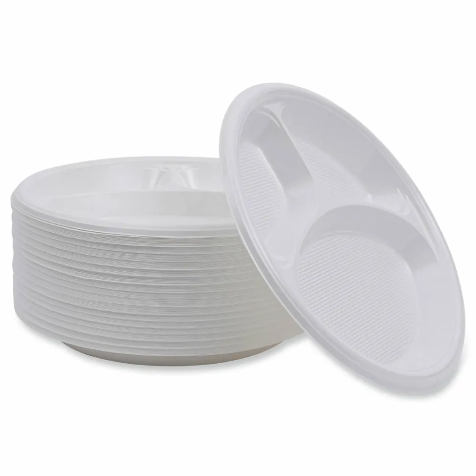 Boardwalk Hi-Impact Plastic Dinnerware, 3-Compartment Plate, 10" dia, White, 500/Carton