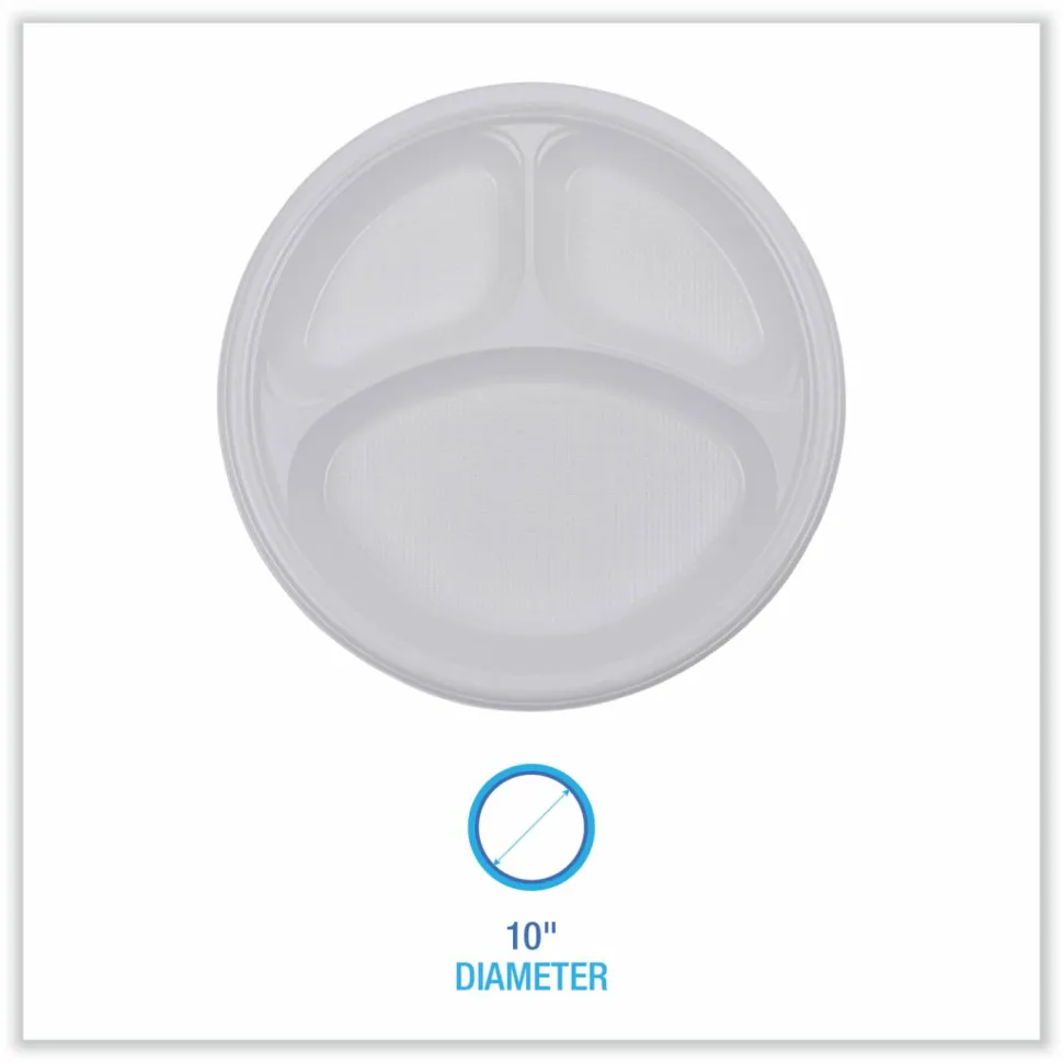 Boardwalk Hi-Impact Plastic Dinnerware, 3-Compartment Plate, 10" dia, White, 500/Carton