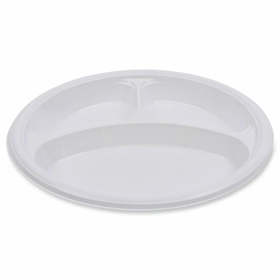 Boardwalk Hi-Impact Plastic Dinnerware, 3-Compartment Plate, 10" dia, White, 500/Carton