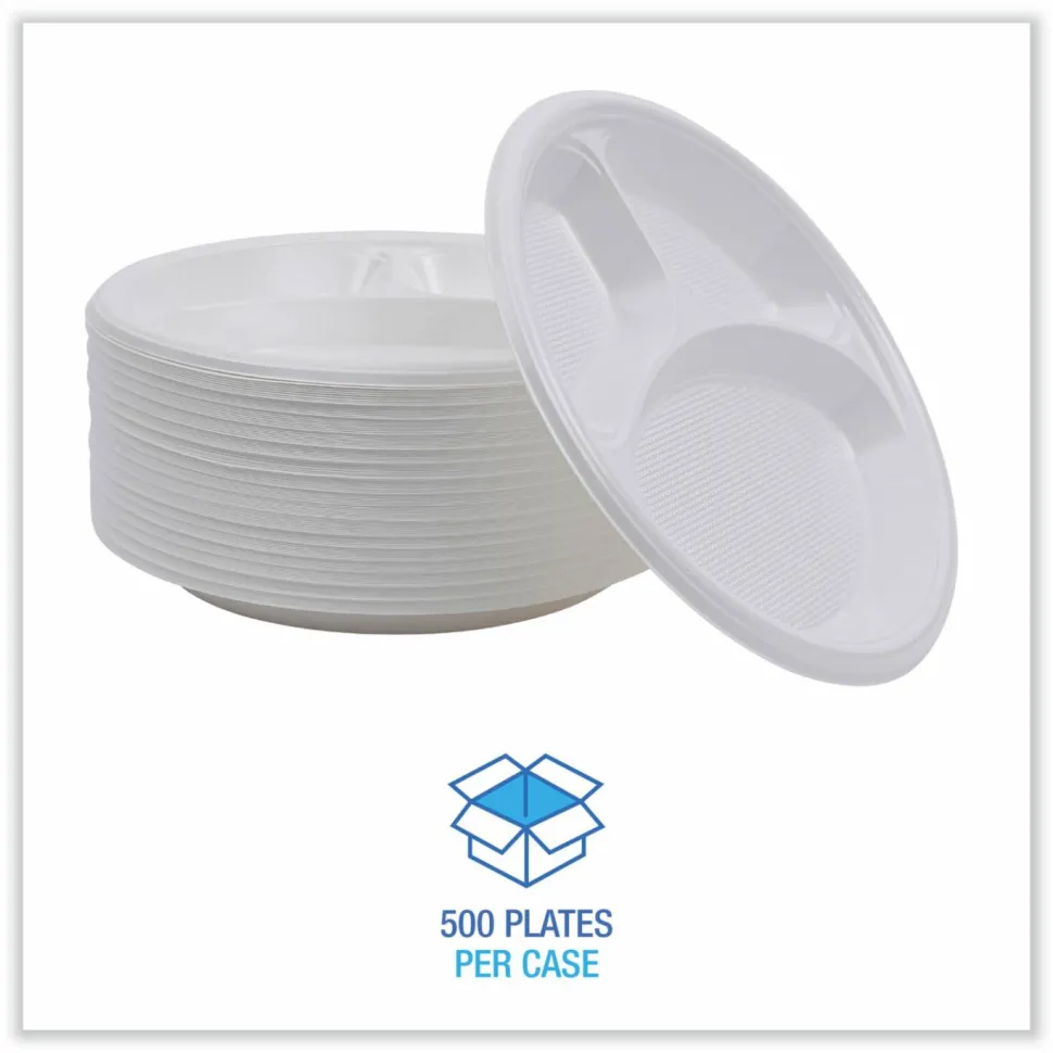 Boardwalk Hi-Impact Plastic Dinnerware, 3-Compartment Plate, 10" dia, White, 500/Carton