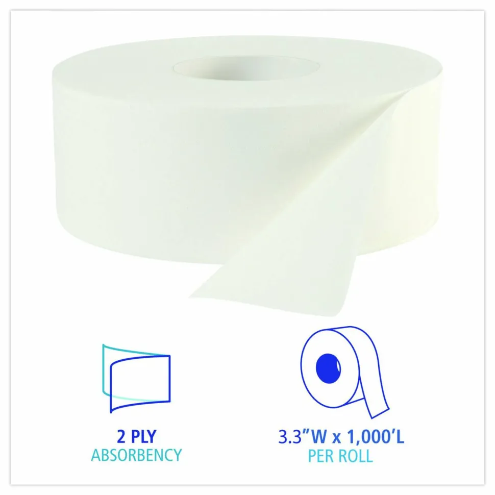 Boardwalk JRT Jumbo Roll Bathroom Tissue, Septic Safe, 2-Ply, 3.3" x 1,000 ft, White, 12 Rolls/Carton