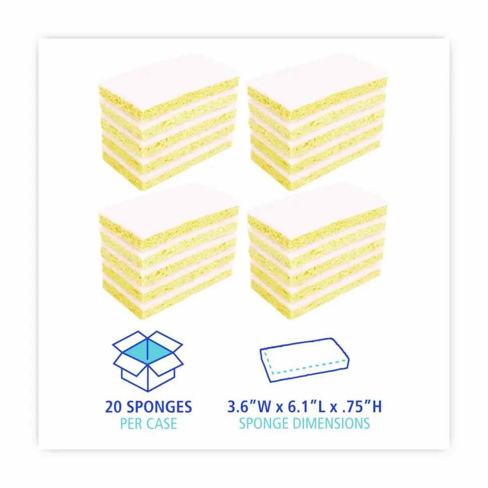 Boardwalk Light-Duty Scrubbing Sponge, Individually Wrapped, 3.6 x 6.1, 0.7" Thick, Yellow/White, 20/Carton