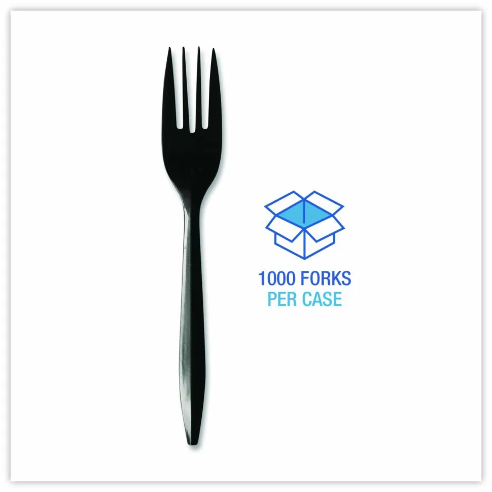 Boardwalk Mediumweight Polypropylene Cutlery, Fork, Plastic, Black, 1,000/Carton