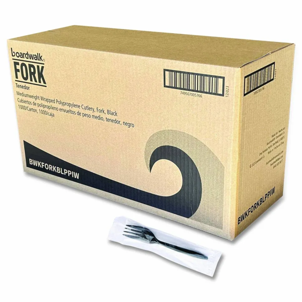 Boardwalk Mediumweight Wrapped Polypropylene Cutlery, Fork, Plastic, Black, 1,000/Carton