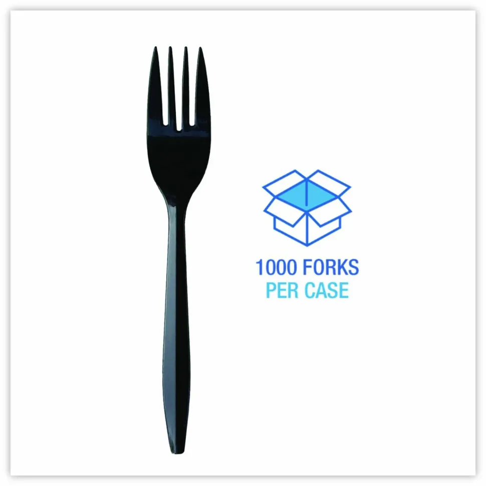 Boardwalk Mediumweight Wrapped Polypropylene Cutlery, Fork, Plastic, Black, 1,000/Carton