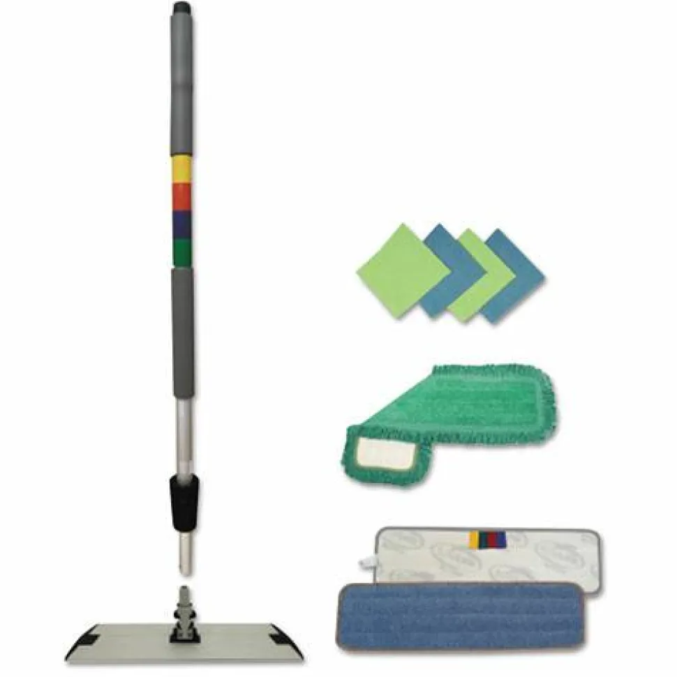 Boardwalk Microfiber Cleaning Kit, 18" Blue/Green Microfiber Head, 35" to 60" Gray Aluminum Handle