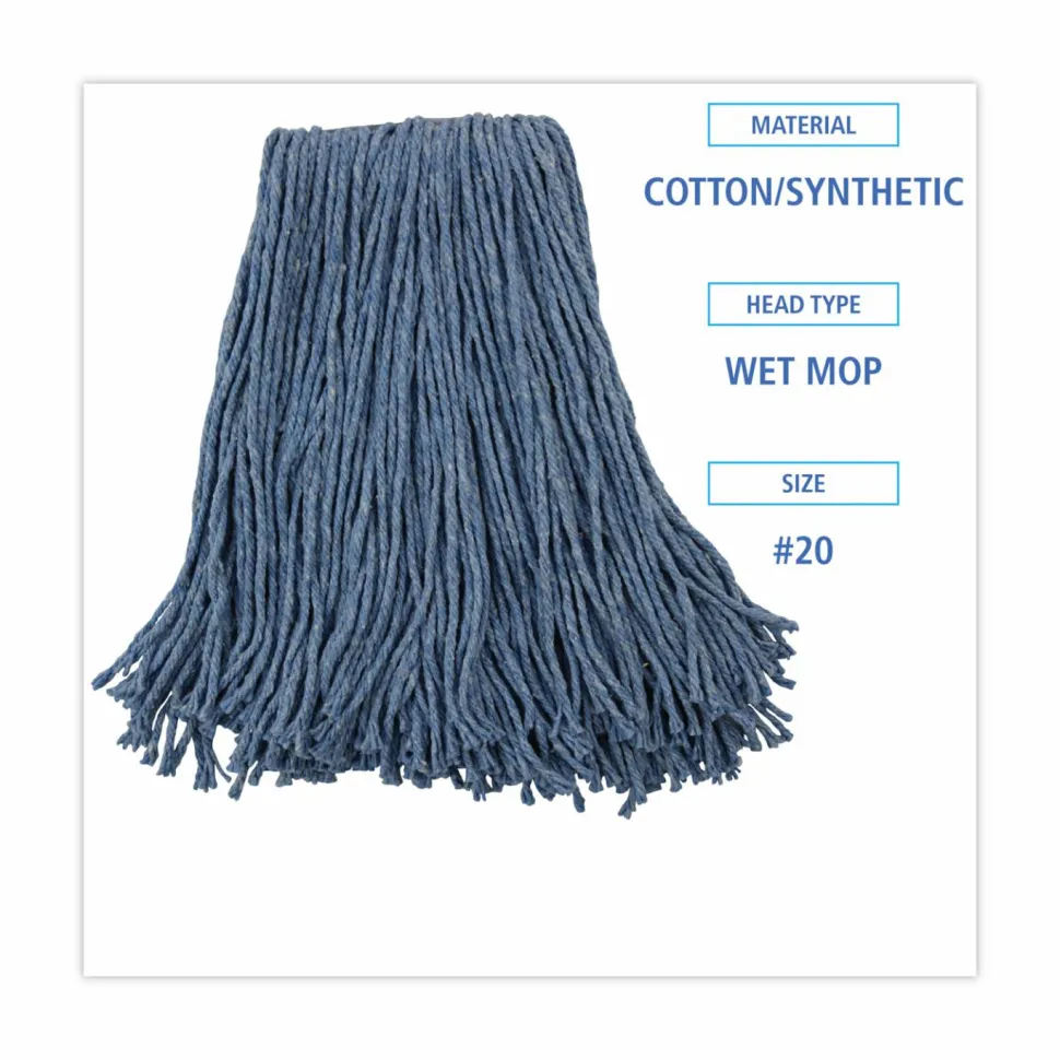 Boardwalk Mop Head, Standard Head, Cotton/Synthetic Fiber, Cut-End, #20, Blue, 12/Carton