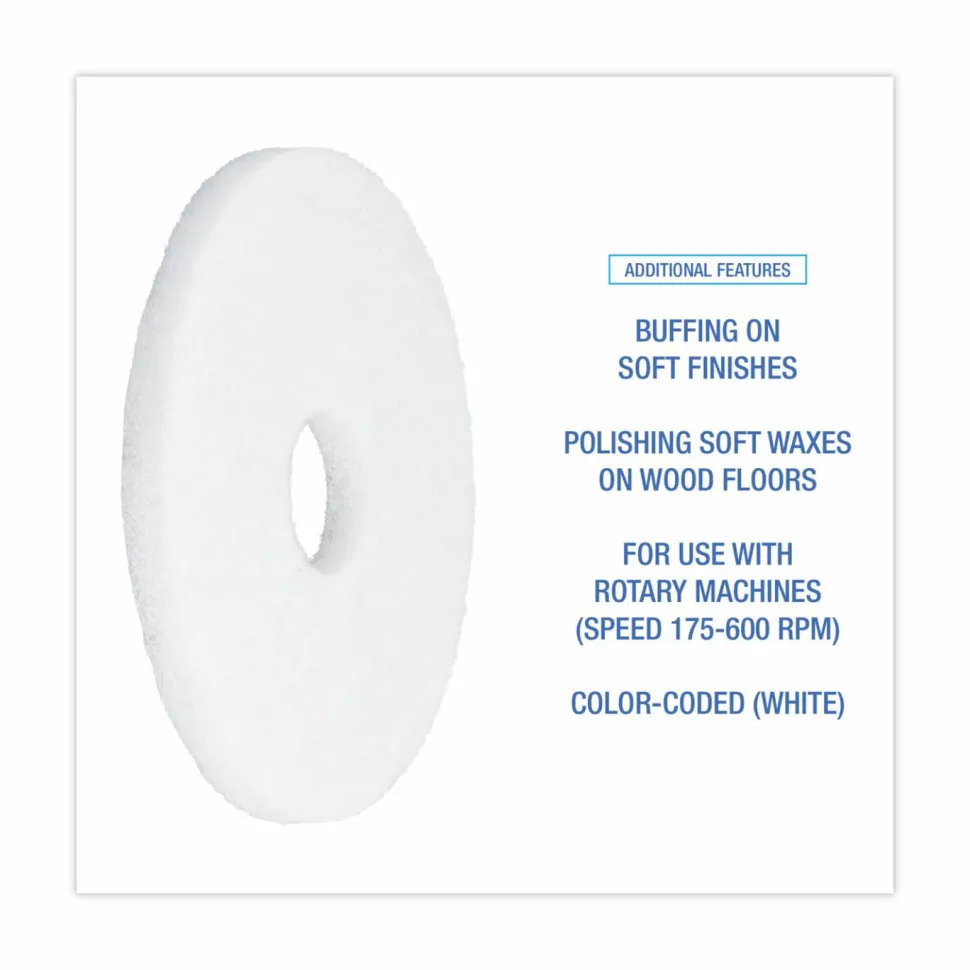 Boardwalk Polishing Floor Pads, 13" Diameter, White, 5/Carton