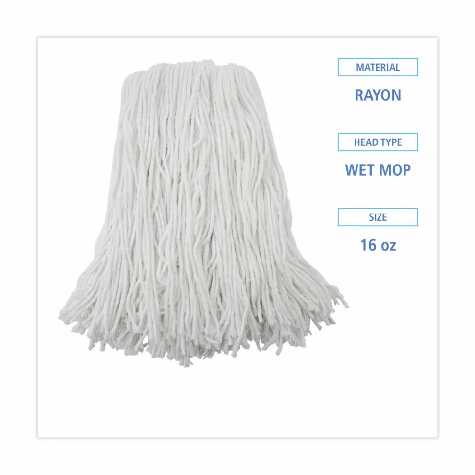 Boardwalk Premium Cut-End Wet Mop Heads, Rayon, 16oz, White, 12/Carton
