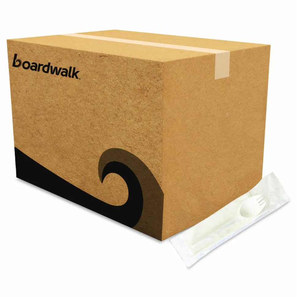 Boardwalk School Cutlery Kit, Mediumweight, Napkin/Spork/Straw, 5.31", Plastic, White, 1,000/Carton