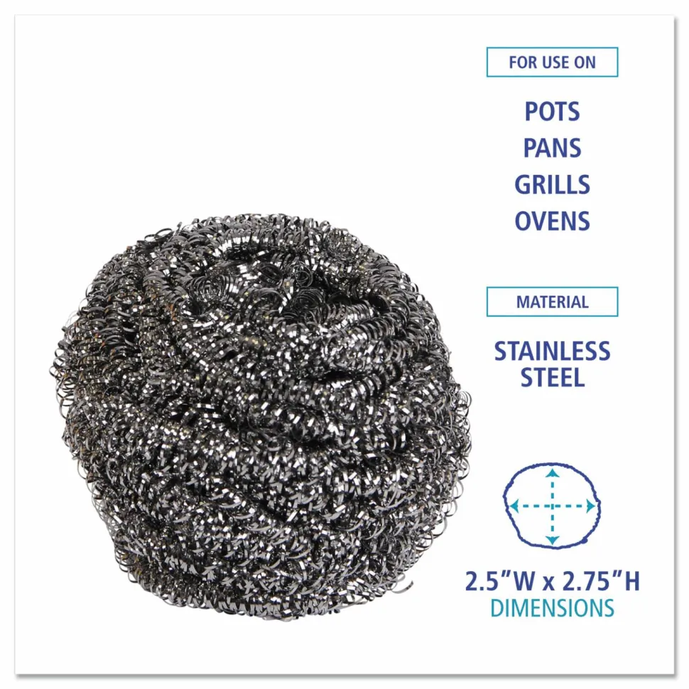 Boardwalk Stainless Steel Scrubber, Large Size, 2.5 x 2.75, Steel Gray, 12/Carton