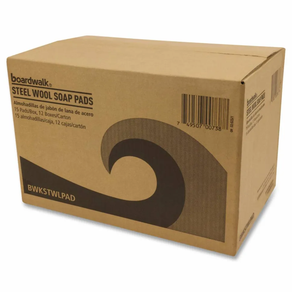 Boardwalk Steel Wool Soap Pads, 3 x 2.5, Blue, 15 Pads/Box, 12 Boxes/Carton