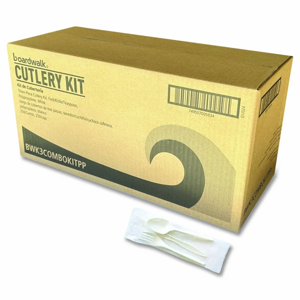 Boardwalk Three-Piece Cutlery Kit, Mediumweight, Fork/Knife/Spoon, 6.97", Plastic, White, 250/Carton