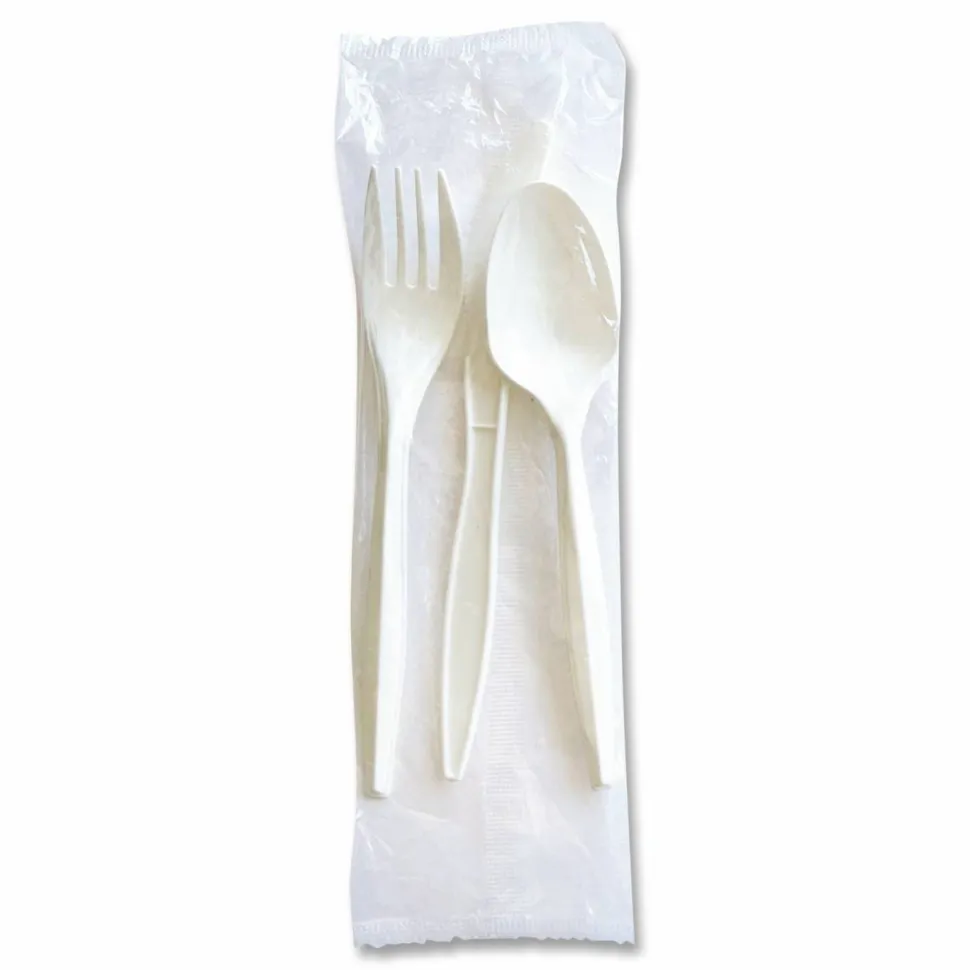 Boardwalk Three-Piece Cutlery Kit, Mediumweight, Fork/Knife/Spoon, 6.97", Plastic, White, 250/Carton