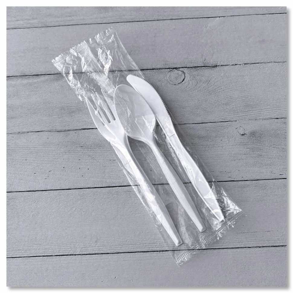 Boardwalk Three-Piece Cutlery Kit, Mediumweight, Fork/Knife/Spoon, 6.97", Plastic, White, 250/Carton