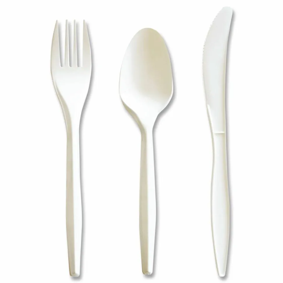 Boardwalk Three-Piece Cutlery Kit, Mediumweight, Fork/Knife/Spoon, 6.97", Plastic, White, 250/Carton