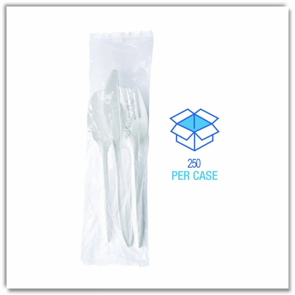 Boardwalk Three-Piece Cutlery Kit, Mediumweight, Fork/Knife/Spoon, 6.97", Plastic, White, 250/Carton