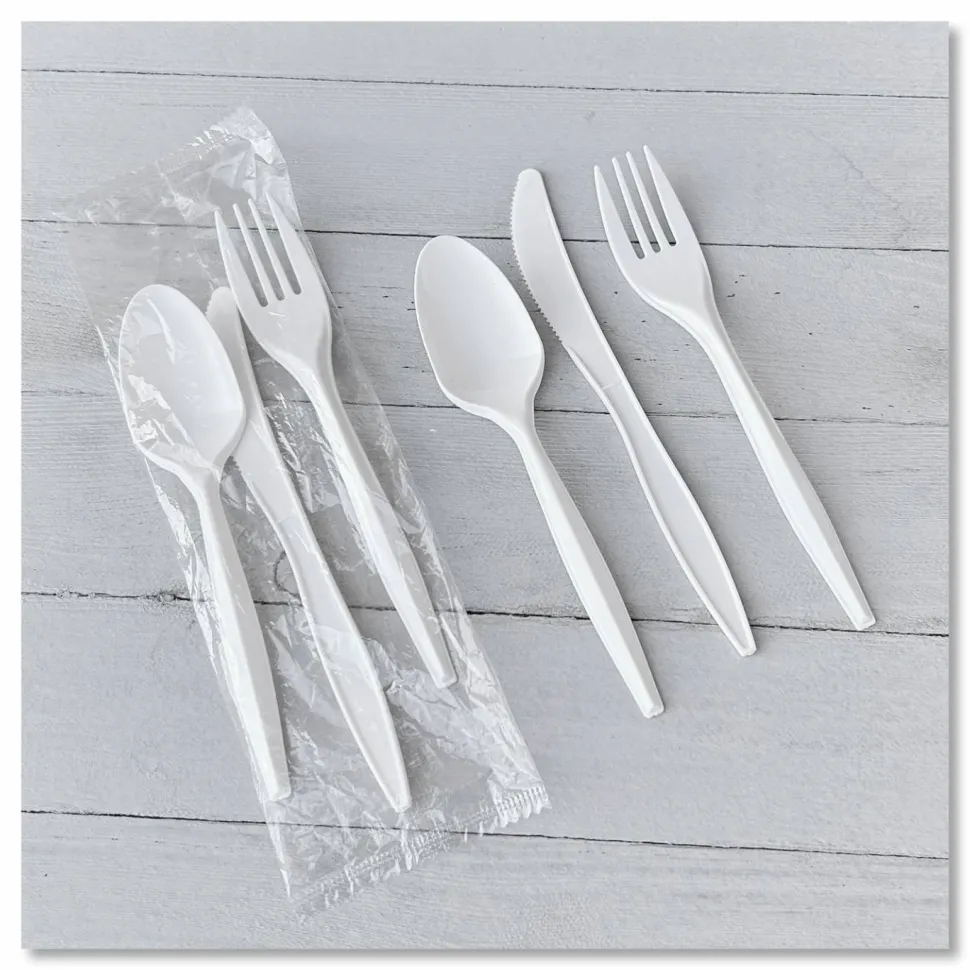 Boardwalk Three-Piece Cutlery Kit, Mediumweight, Fork/Knife/Spoon, 6.97", Plastic, White, 250/Carton