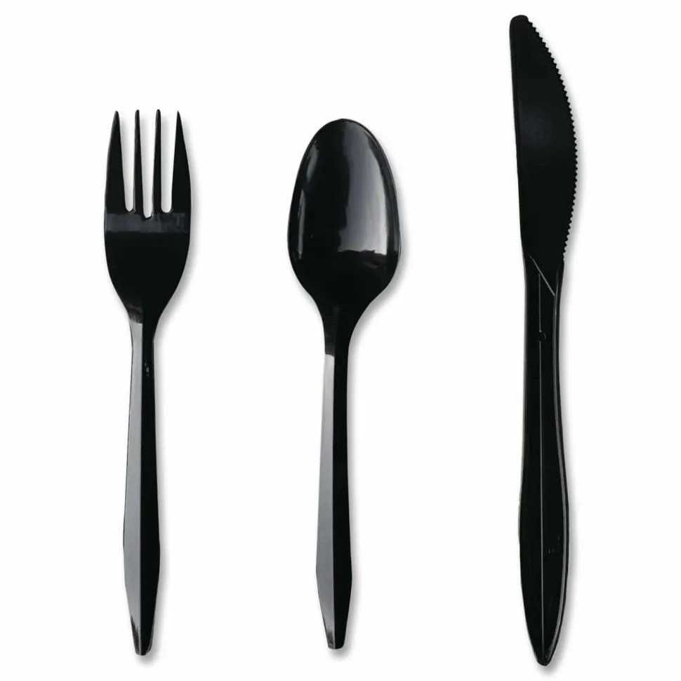Boardwalk Three-Piece Polypropylene Cutlery Kit, Mediumweight, Fork/Knife/Spoon, Plastic, Black, 250/Carton