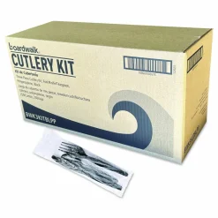 Boardwalk Three-Piece Polypropylene Cutlery Kit, Mediumweight, Fork/Knife/Spoon, Plastic, Black, 250/Carton