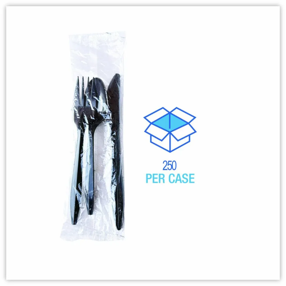 Boardwalk Three-Piece Polypropylene Cutlery Kit, Mediumweight, Fork/Knife/Spoon, Plastic, Black, 250/Carton