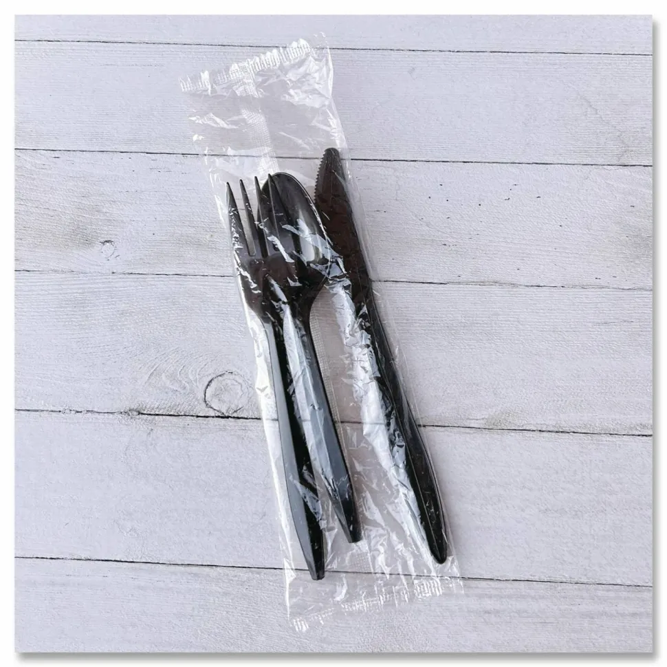 Boardwalk Three-Piece Polypropylene Cutlery Kit, Mediumweight, Fork/Knife/Spoon, Plastic, Black, 250/Carton