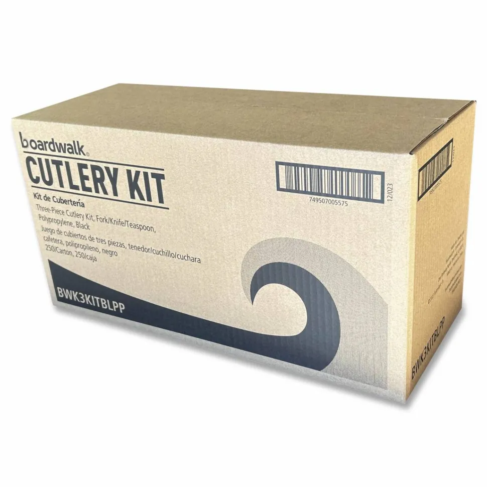 Boardwalk Three-Piece Polypropylene Cutlery Kit, Mediumweight, Fork/Knife/Spoon, Plastic, Black, 250/Carton
