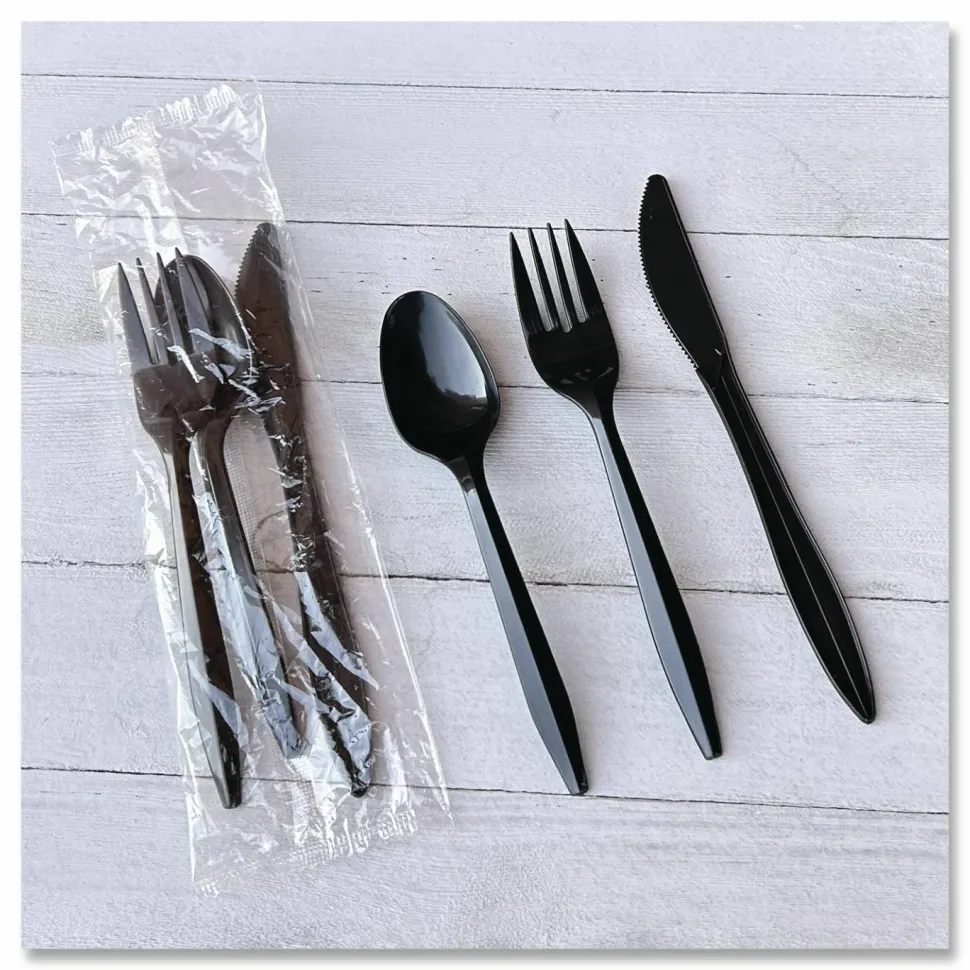 Boardwalk Three-Piece Polypropylene Cutlery Kit, Mediumweight, Fork/Knife/Spoon, Plastic, Black, 250/Carton