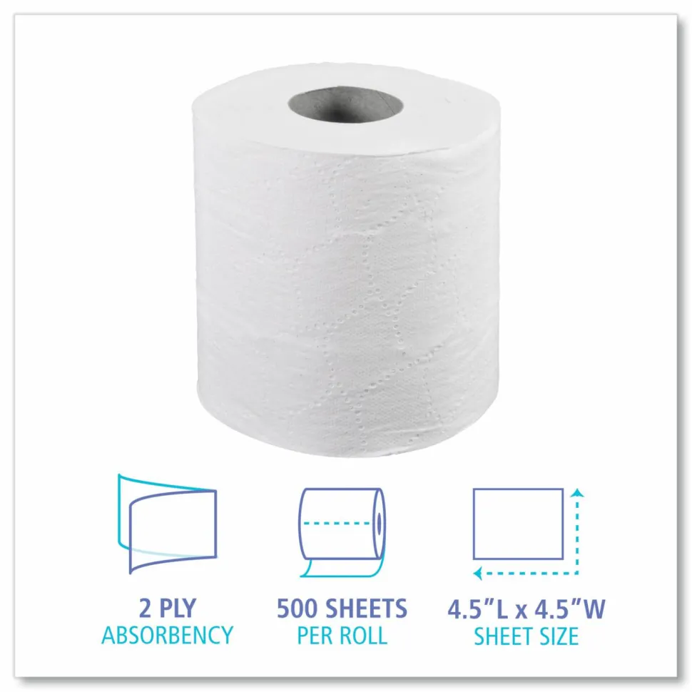 Boardwalk Two-Ply Toilet Tissue, Septic Safe, White, 4.5 x 4.5, 500 Sheets/Roll, 96 Rolls/Carton