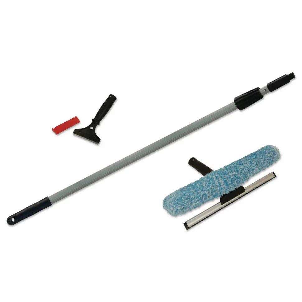 Boardwalk Window Cleaning Kit, 12" Wide Combo Washer/Squeegee, 8 ft Extension Pole, 4" Wide Scraper with 8" Handle