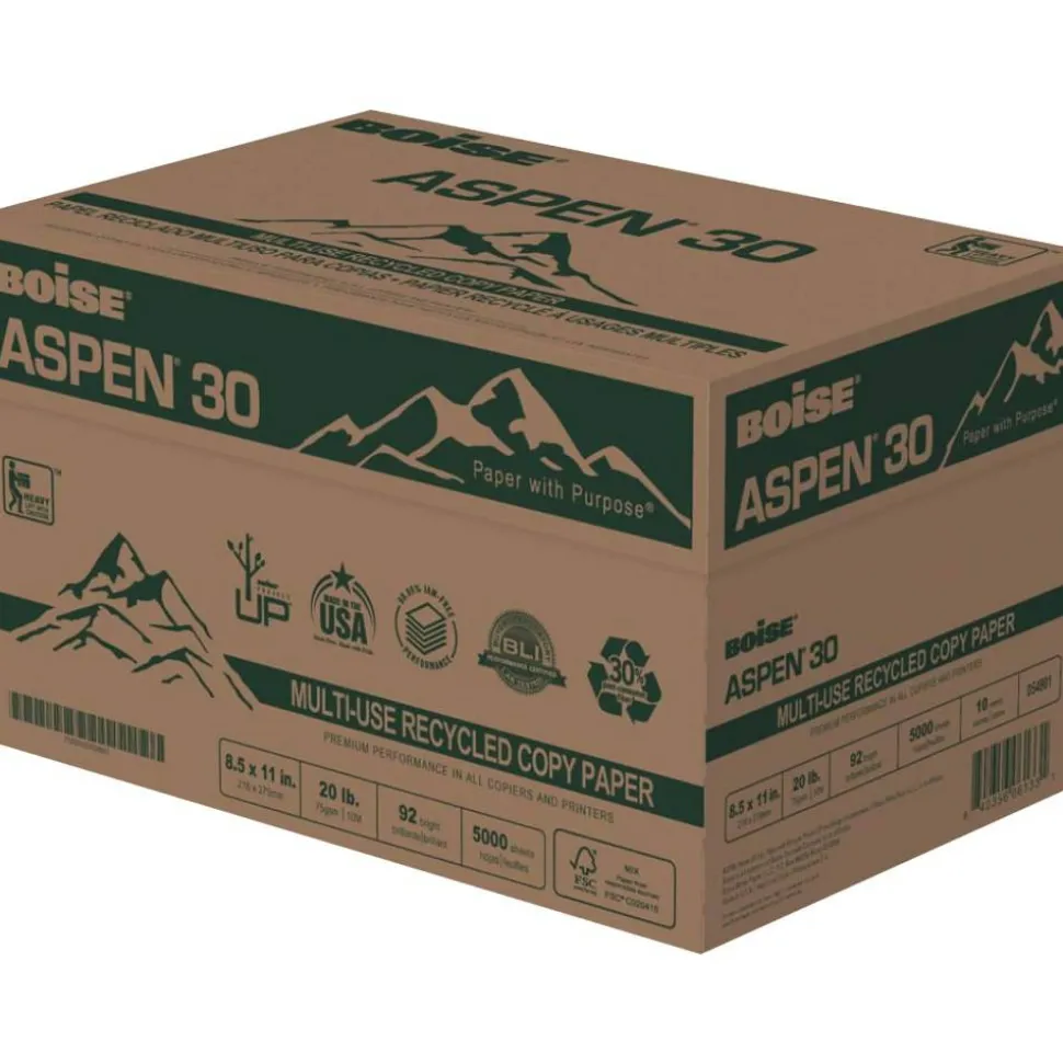 Boise ASPEN 30 Multi-Use Printer & Copy Paper, White, Letter (8.5" x 11"), 5000 Sheets Per Case, 20 Lb, 92 Brightness, 30% Recycled, FSC Certified
