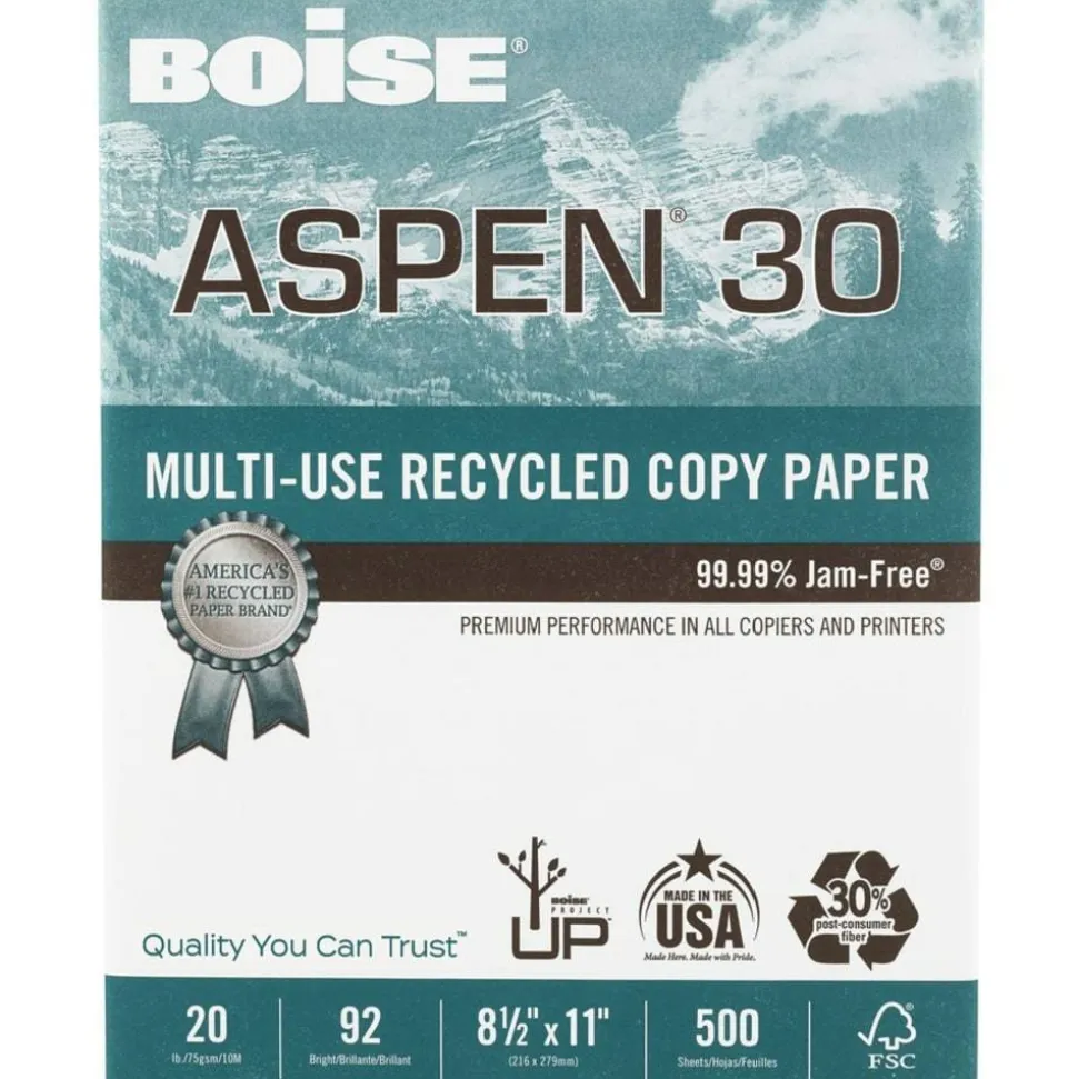 Boise ASPEN 30 Multi-Use Printer & Copy Paper, White, Letter (8.5" x 11"), 5000 Sheets Per Case, 20 Lb, 92 Brightness, 30% Recycled, FSC Certified