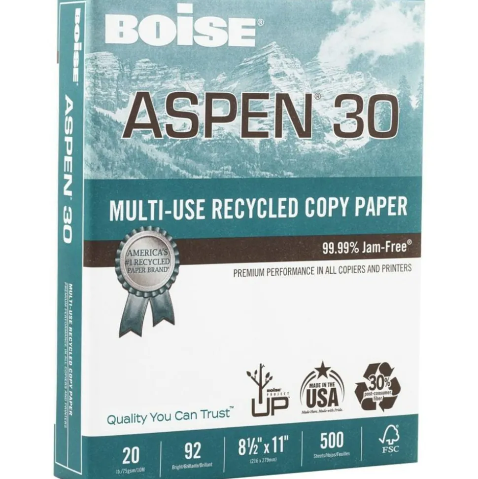 Boise ASPEN 30 Multi-Use Printer & Copy Paper, White, Letter (8.5" x 11"), 5000 Sheets Per Case, 20 Lb, 92 Brightness, 30% Recycled, FSC Certified
