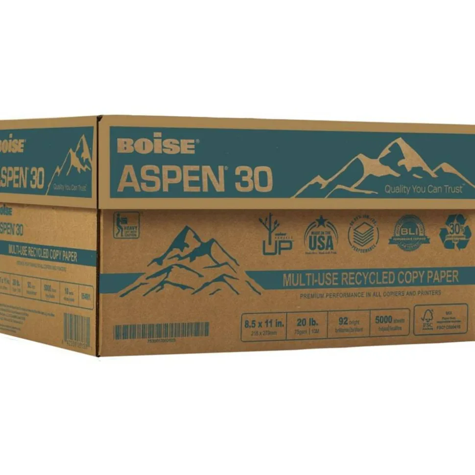 Boise ASPEN 30 Multi-Use Printer & Copy Paper, White, Letter (8.5" x 11"), 5000 Sheets Per Case, 20 Lb, 92 Brightness, 30% Recycled, FSC Certified