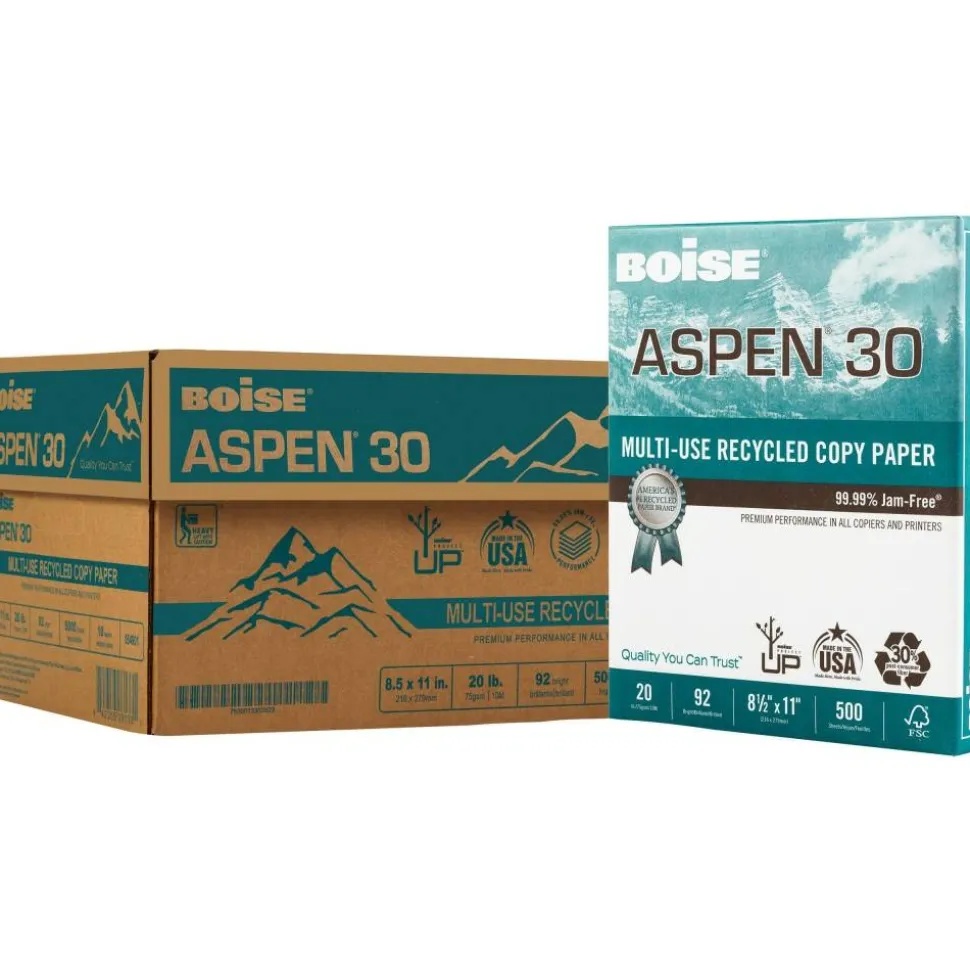 Boise ASPEN 30 Multi-Use Printer & Copy Paper, White, Letter (8.5" x 11"), 5000 Sheets Per Case, 20 Lb, 92 Brightness, 30% Recycled, FSC Certified