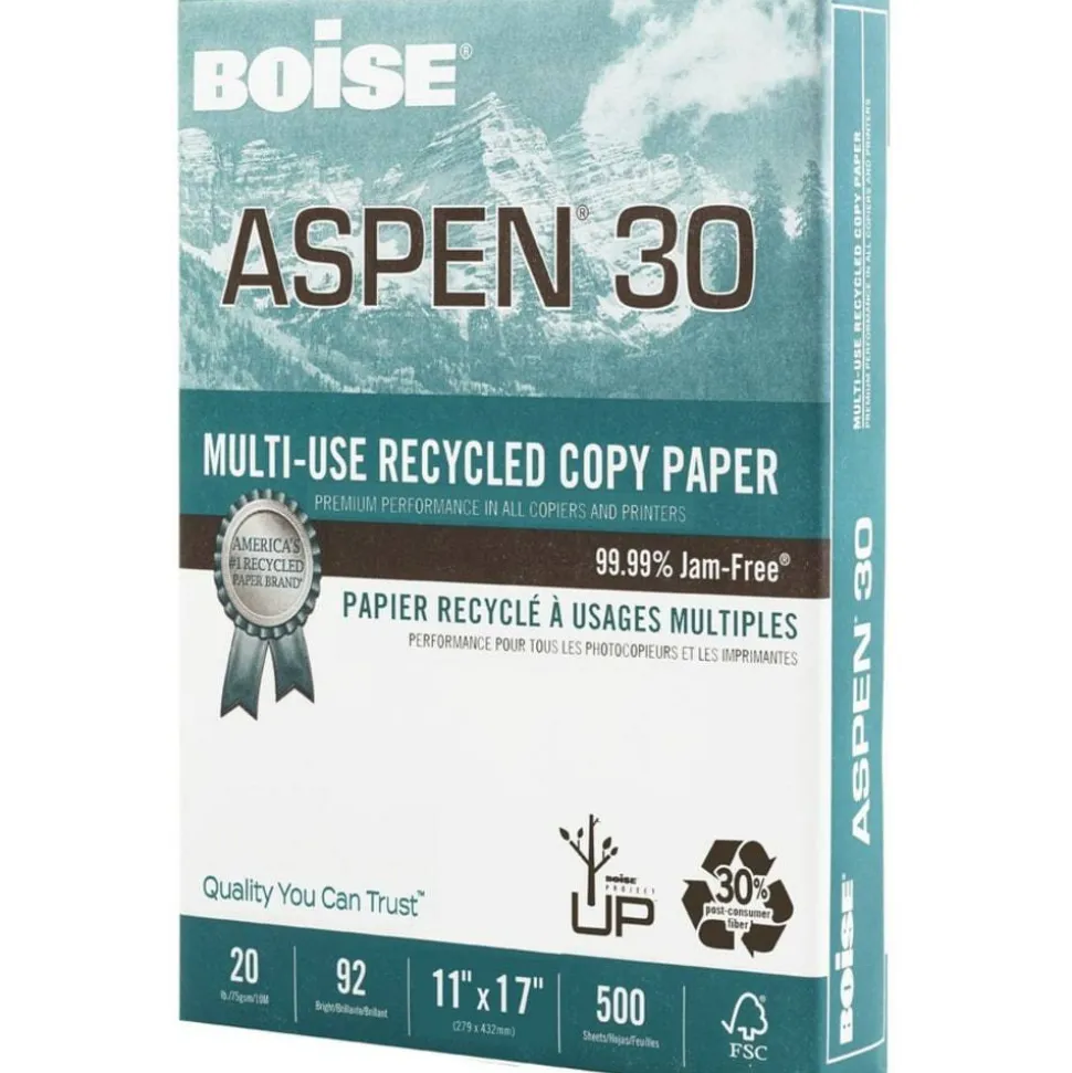 Boise ASPEN 30 Multi-Use Printer & Copy Paper, White, Ledger (11" x 17"), 2500 Sheets Per Case, 20 Lb, 92 Brightness, 30% Recycled, FSC Certified