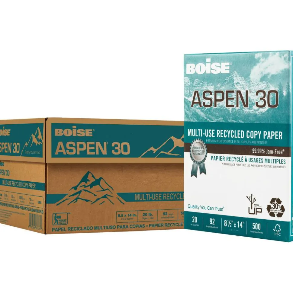 Boise ASPEN 30 Multi-Use Printer & Copy Paper, White, Legal (8.5" x 14"), 5000 Sheets Per Case, 20 Lb, 92 Brightness, 30% Recycled, FSC Certified