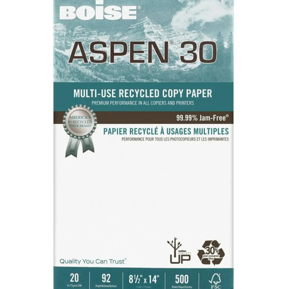 Boise ASPEN 30 Multi-Use Printer & Copy Paper, White, Legal (8.5" x 14"), 5000 Sheets Per Case, 20 Lb, 92 Brightness, 30% Recycled, FSC Certified