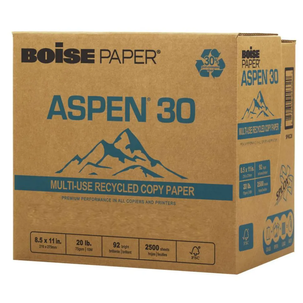 Boise ASPEN 30 SPLOX Paper, Speed-Loading Reamless Paper, Letter Size (8 1/2" x 11"), 20 Lb, FSC Certified, Ream Of 2,500 Sheets