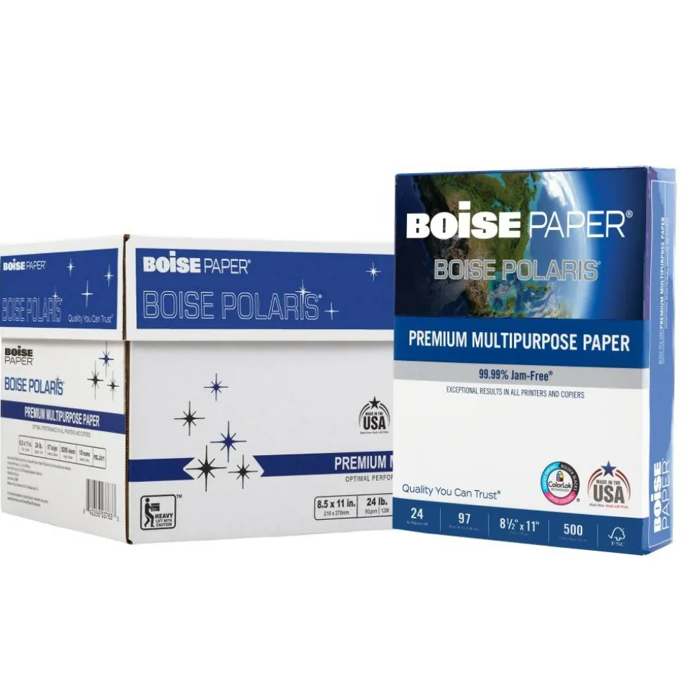 Boise POLARIS Premium Multi-Use Printer & Copy Paper, White, Letter (8.5" x 11"), 5000 Sheets Per Case, 24 Lb, 97 Brightness, FSC Certified
