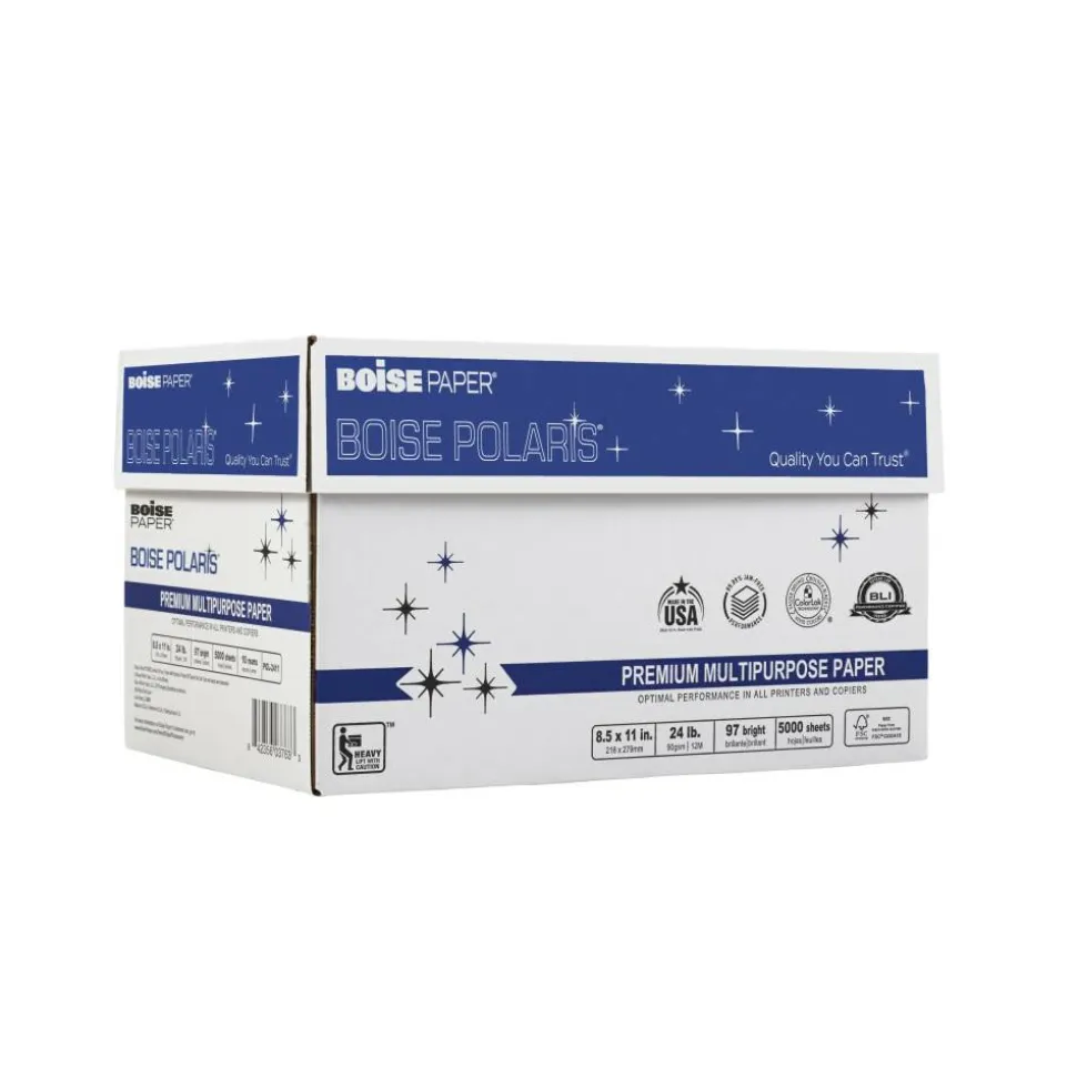Boise POLARIS Premium Multi-Use Printer & Copy Paper, White, Letter (8.5" x 11"), 5000 Sheets Per Case, 24 Lb, 97 Brightness, FSC Certified