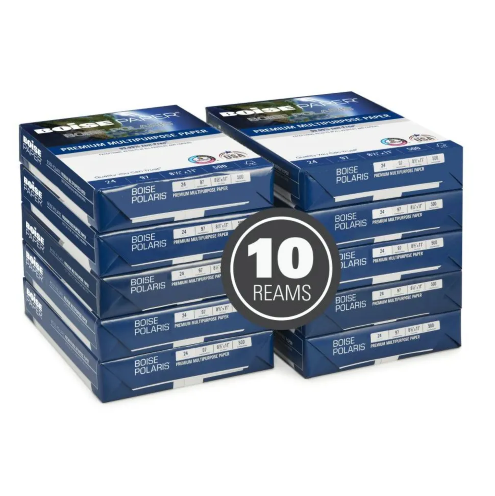 Boise POLARIS Premium Multi-Use Printer & Copy Paper, White, Letter (8.5" x 11"), 5000 Sheets Per Case, 24 Lb, 97 Brightness, FSC Certified