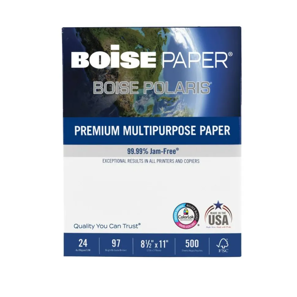 Boise POLARIS Premium Multi-Use Printer & Copy Paper, White, Letter (8.5" x 11"), 5000 Sheets Per Case, 24 Lb, 97 Brightness, FSC Certified
