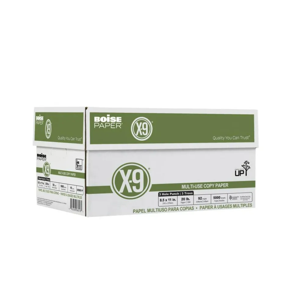 Boise® X-9® 3-Hole Punched Multi-Use Printer & Copy Paper, 10 Reams, White, Letter (8.5" x 11"), 5000 Sheets Per Case, 20 Lb, 92 Brightness